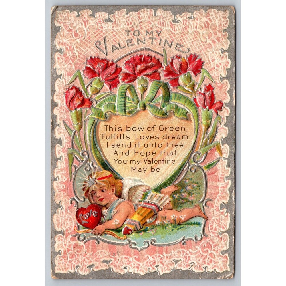 Antique 1910 Valentine Postcard Embossed Cherub Bow of Green Poem Heart Series 2